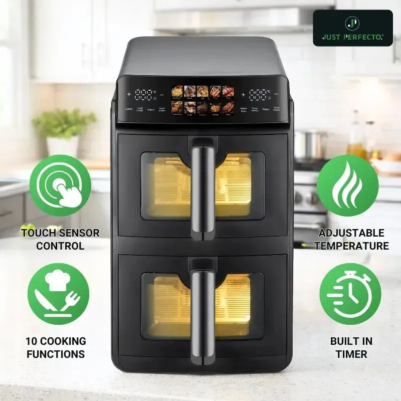 Двоен фритюрник с горещ въздух Just Perfecto JP-AF10DB, 2600 W, 10 л, 10 програми, 80-200 C, Rapid Hot Air Circulation, Синхронизирано готвене, Черен