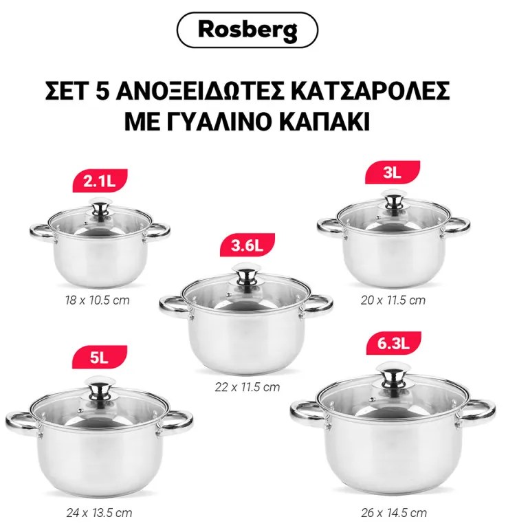 Комплект тенджери Rosberg R51210O10, 10 части, 2.1-6.3 l, Неръждаема стомана, Сребрист