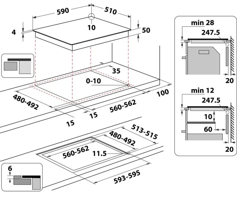 Керамичен плот за вграждане Whirlpool WL B4060 CPNE, 7200W, 4 зони, 9 степени, 6-Th Sense, FlexiCook, Индукционен, Черен