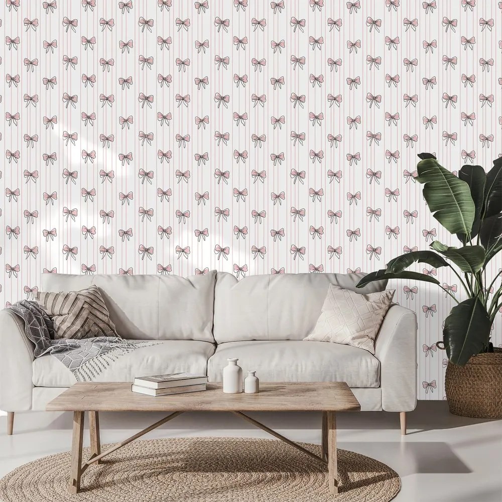 Тапет – Розови панделки на бял фон