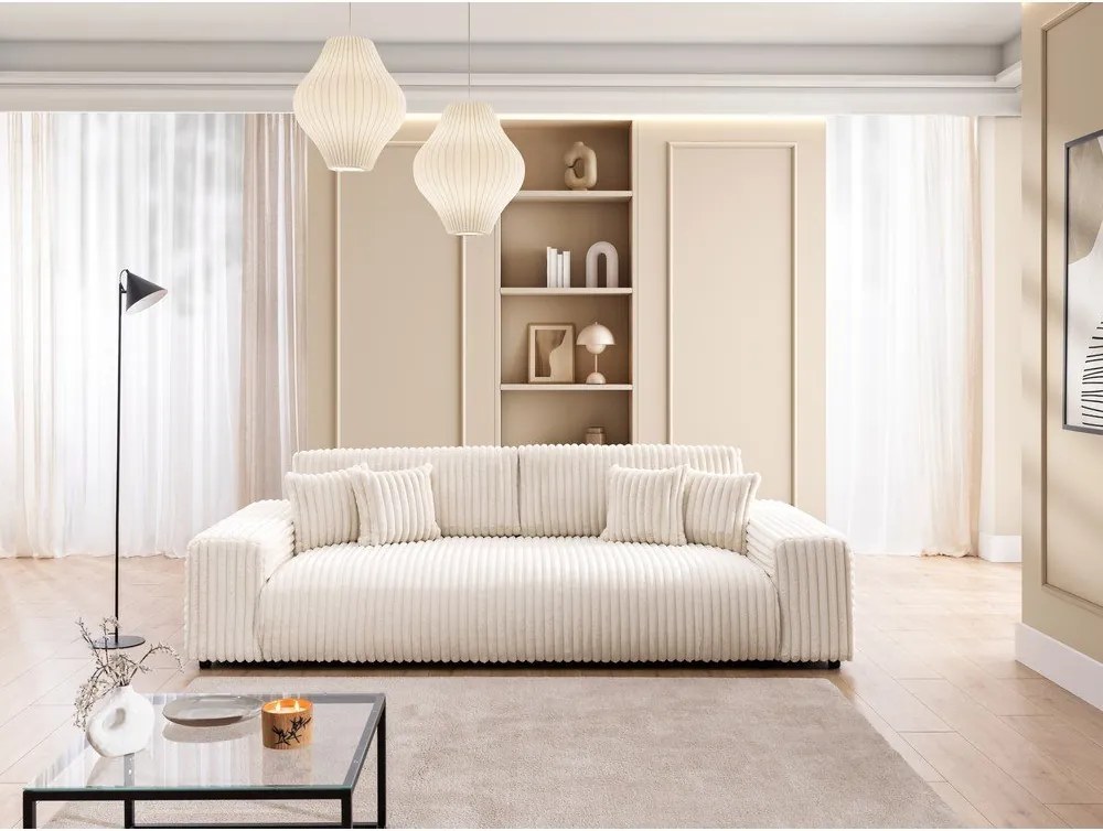 Кремав разтегателен диван с място за съхранение от рипсено кадифе 260 cm Justin – Ropez