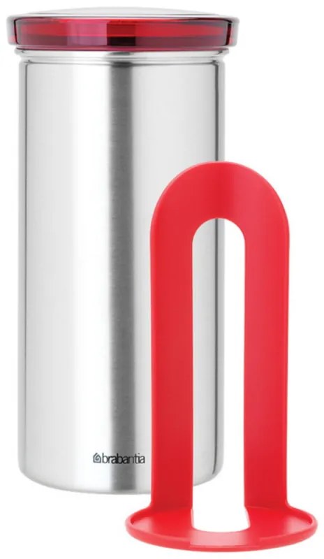 Буркан за съхранение на кафе капсули Brabantia 646986, За до 18 броя капсули, Неръждаема стомана, Устойчив на пръстови отпечатъци, Инокс/червен