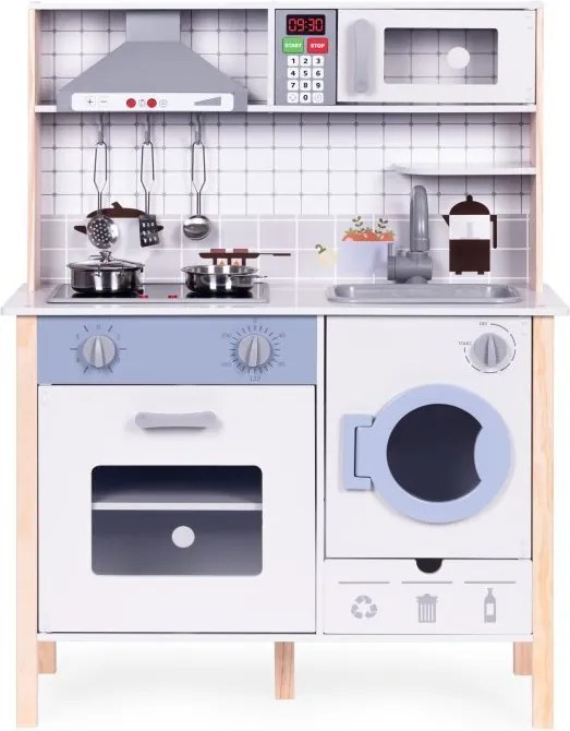 Дървена детска реалистична кухня с LED светлина, звуци и аксесоари