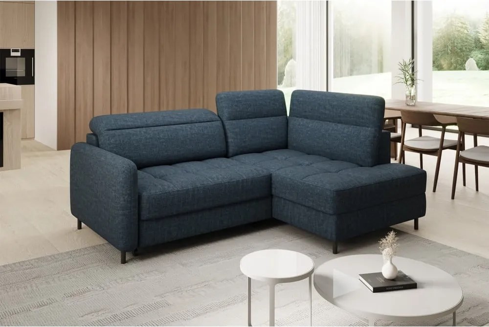 Син кадифен разтегателен ъглов диван с място за съхранение (десен ъгъл L форма) Barea – ELTAP