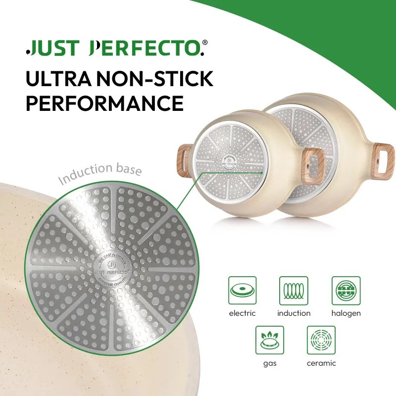 Разопакован: Комплект тенджери и тигани Just Perfecto JL-28, 15 ч, Отливка, Мраморно покритие, Индукция, Аксесоари, Бежов
