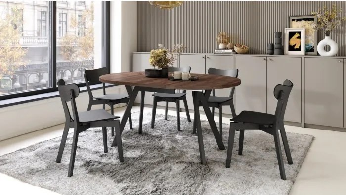 АЛМО Дъб Кафяв/черни крака - КРЪГЛА РАЗТЕГАТЕЛНА МАСА С Y-ОБРАЗНИ КРАКА В ЛОФТ/ИНДУСТРИАЛЕН СТИЛ ЗА ХОЛ ИЛИ ТРАПЕЗАРИЯ