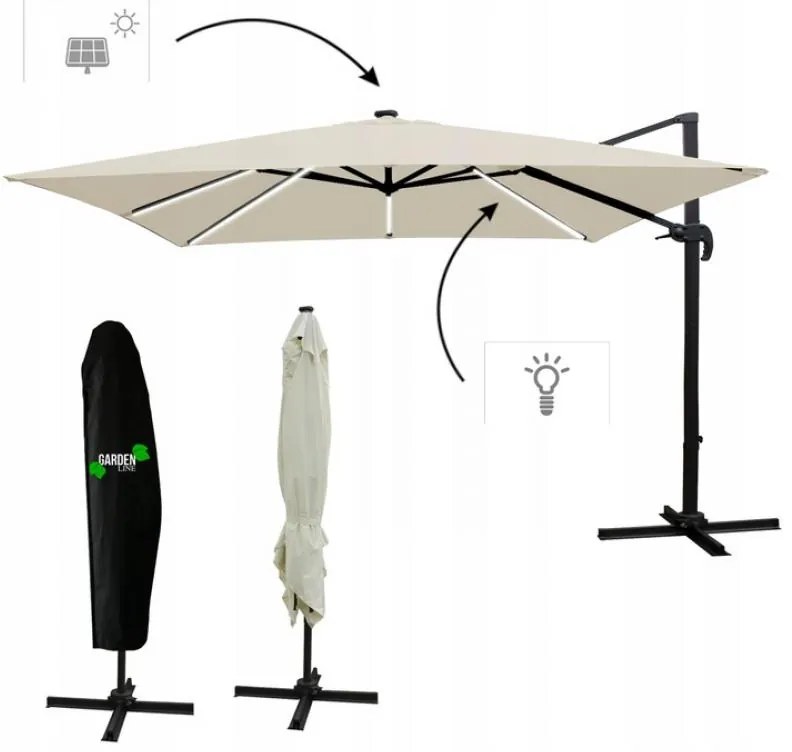 Бежов градински чадър с LED осветление 3 x 3 м