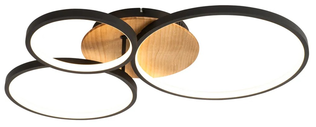 Черен таванен аплик с дърво с LED 3-степенен димер 3-светлина - Alec