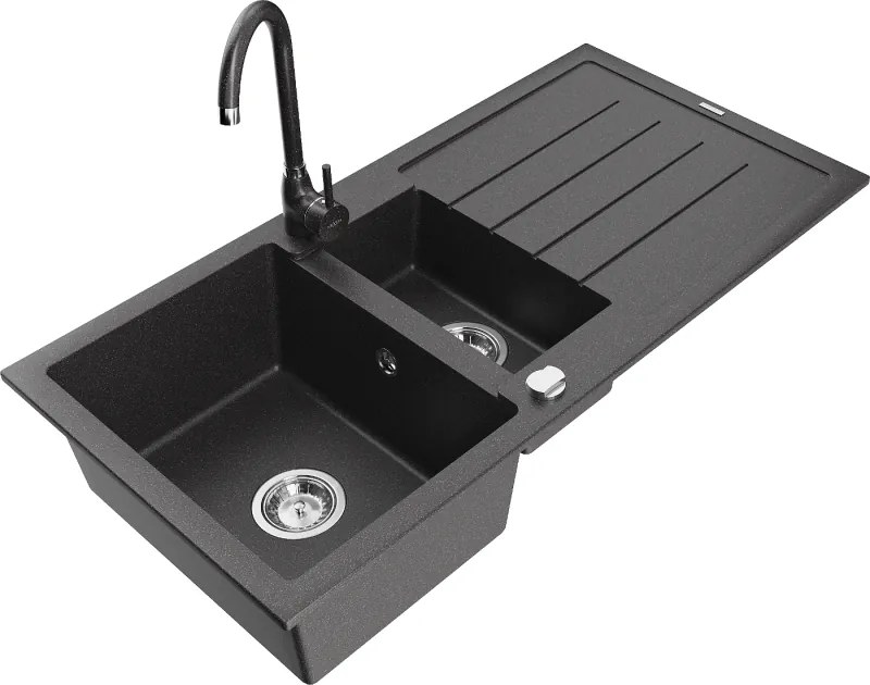 Mexen Andres гранитна мивка с 1,5 камери и отцедник и кухненски смесител Telma, черен на пръски - 6515-76-670200-76