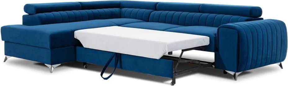 Син кадифен разтегателен ъглов диван с място за съхранение (ляв ъгъл L форма) Laurence – ELTAP