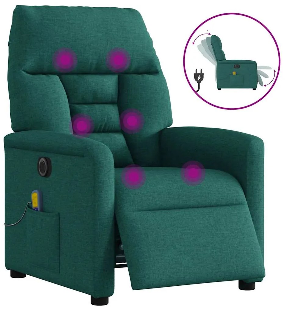 3303028 vidaXL Електрически масажен наклоняем стол, тъмнозелен, текстил