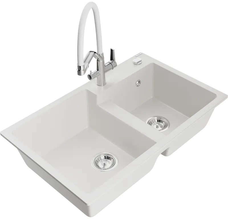 Mexen Tomas кухненска мивка гранитна 2-камерна с кухненски смесител Duo, бял - 6516-20-671701-02