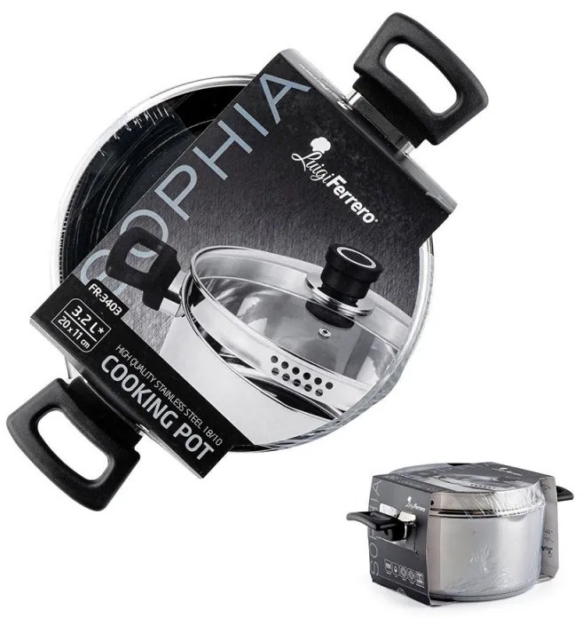 Тенджера Luigi Ferrero Sophia FR-3403, 20x11 см, 3.2 л, Стомана 18/10, Стъклен капак, Индукция, Инокс