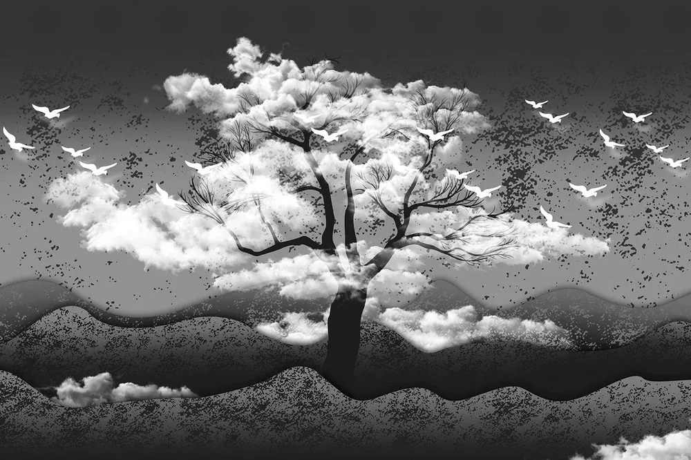 Тапет – Черно-бяло дърво обляно в облаци