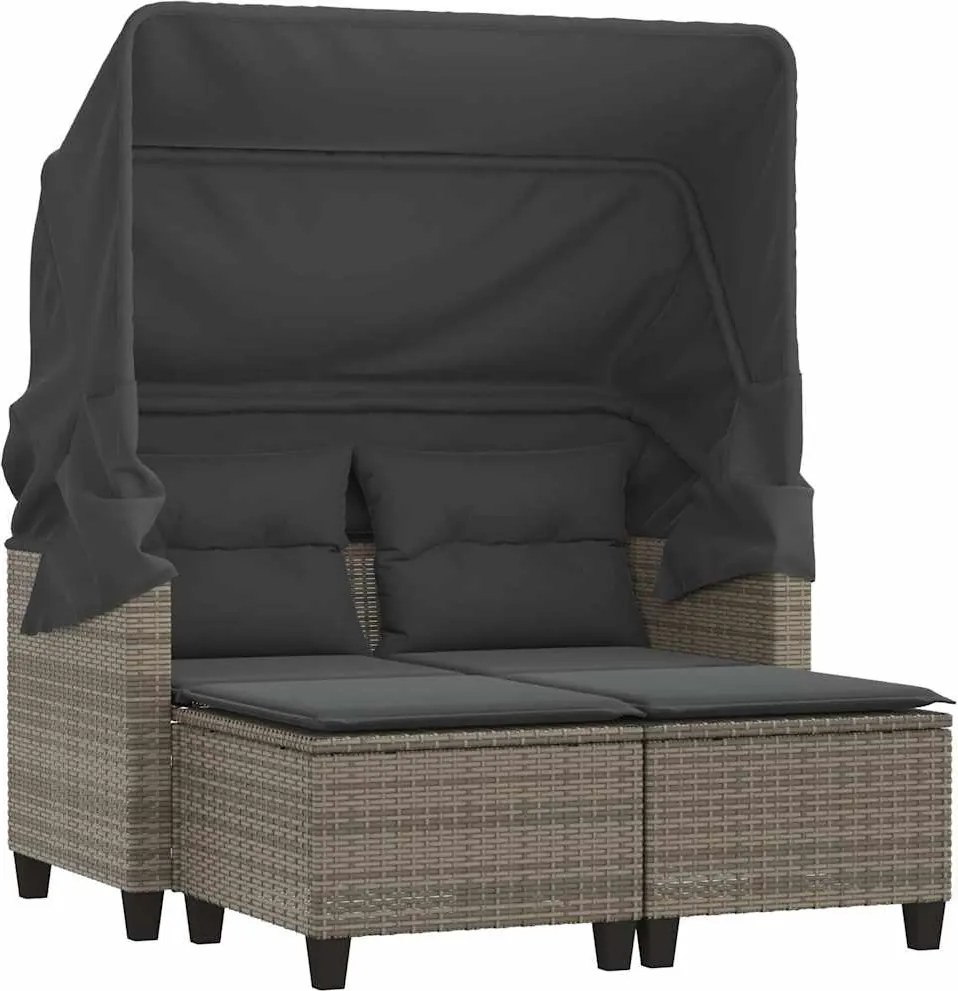 365783 vidaXL 2-местен градински диван със сенник и табуретки сив полиратан