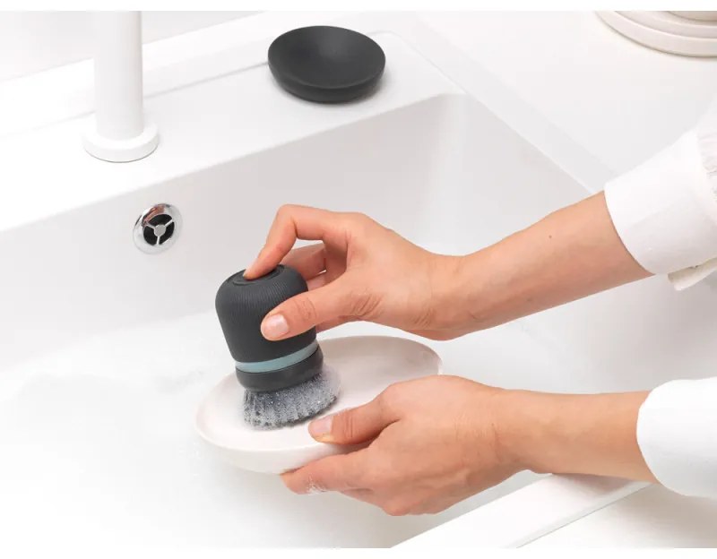Дозатор за течен сапун с четка за миене на съдове Brabantia Sinkside 1003317, 100 мл, Полиестерни четчици, Поставка, Тъмносив