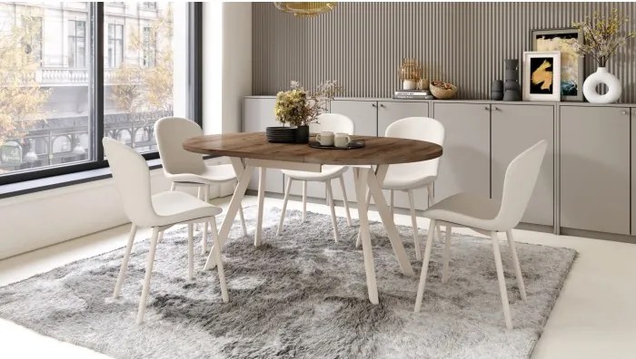 АЛМО Елегантен Орех/бежови крака - КРЪГЛА РАЗТЕГАТЕЛНА МАСА С Y-ОБРАЗНИ КРАКА В ЛОФТ/ИНДУСТРИАЛЕН СТИЛ ЗА ХОЛ ИЛИ ТРАПЕЗАРИЯ