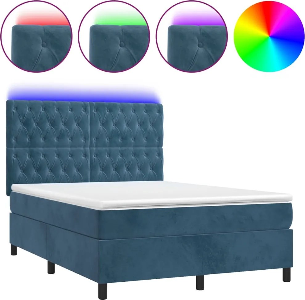 3136309 vidaXL Боксспринг легло с матрак и LED, тъмносиньо, 140x200 см, кадифе