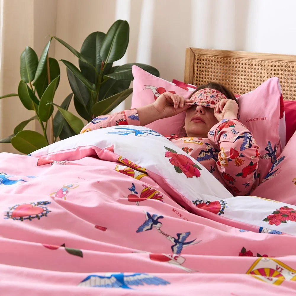 Бяло-розово двойно памучно спално бельо 200x200 cm Mon Coeur – Their Nibs