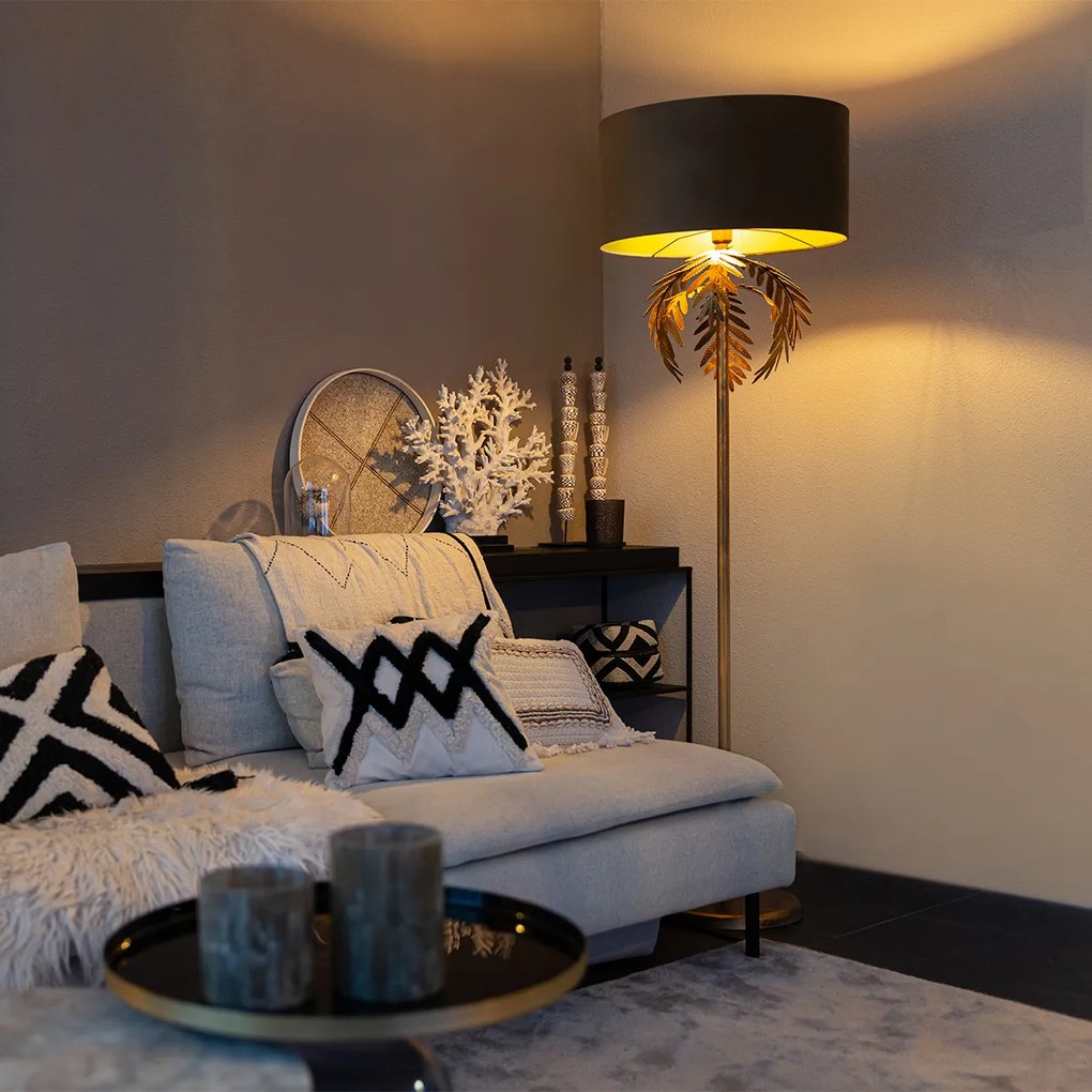 Винтидж подова лампа златиста 145 см с кафяв кадифен абажур 50 см - Botanica