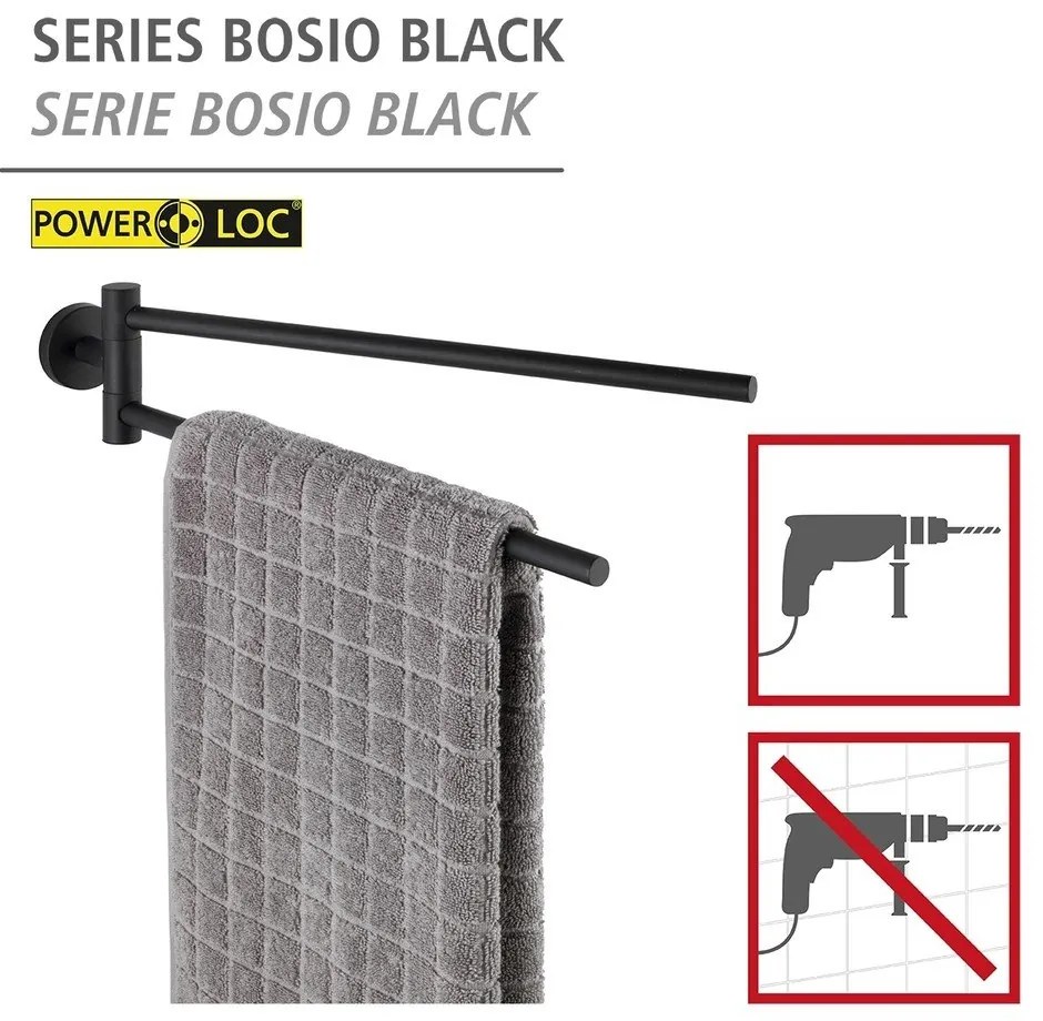 Матово-черна самозалепваща се поставка за кърпи от неръждаема стомана Bosio – Wenko