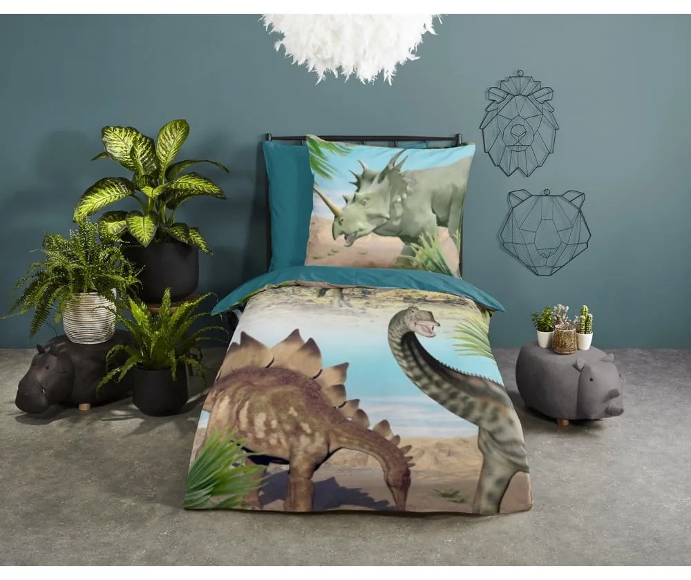 Зелено-синьо единично памучно детско спално бельо 140x200 cm Dino – Good Morning