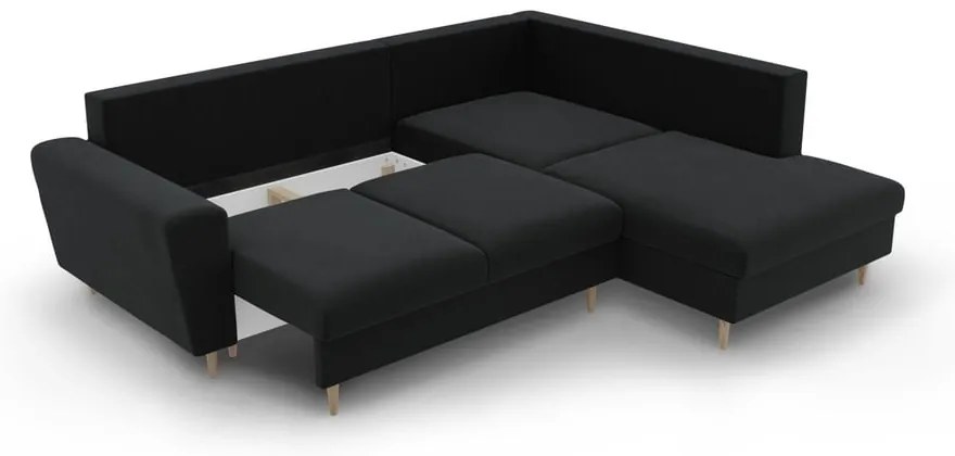 Черен кадифен разтегателен ъглов диван с място за съхранение (десен ъгъл/L форма) Kyoto – Cosmopolitan Design