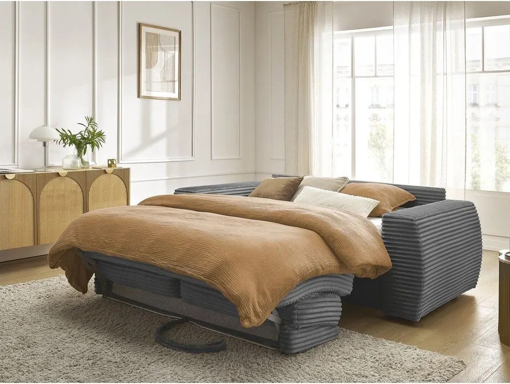 Тъмносив диван за ежедневно спане/сгъваем от рипсено кадифе 220 cm Hugo – Bobochic Paris