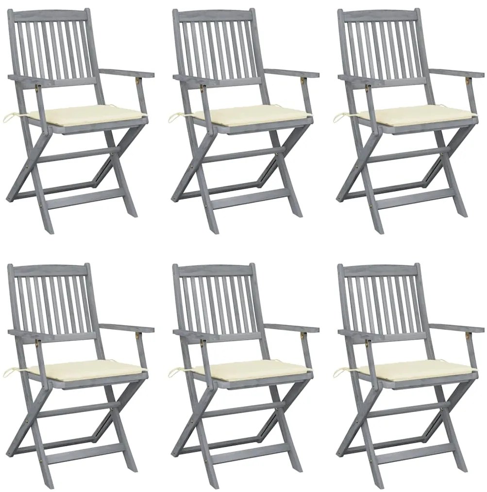 3065409 vidaXL Сгъваеми градински столове, 6 бр, с възглавници, акация масив