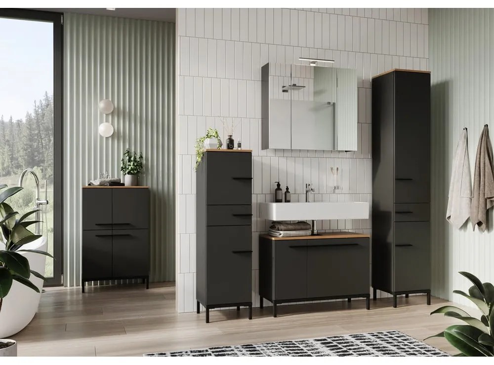 Тъмно сив шкаф за баня в дъбов декор 34x123 cm Yonkers - Germania