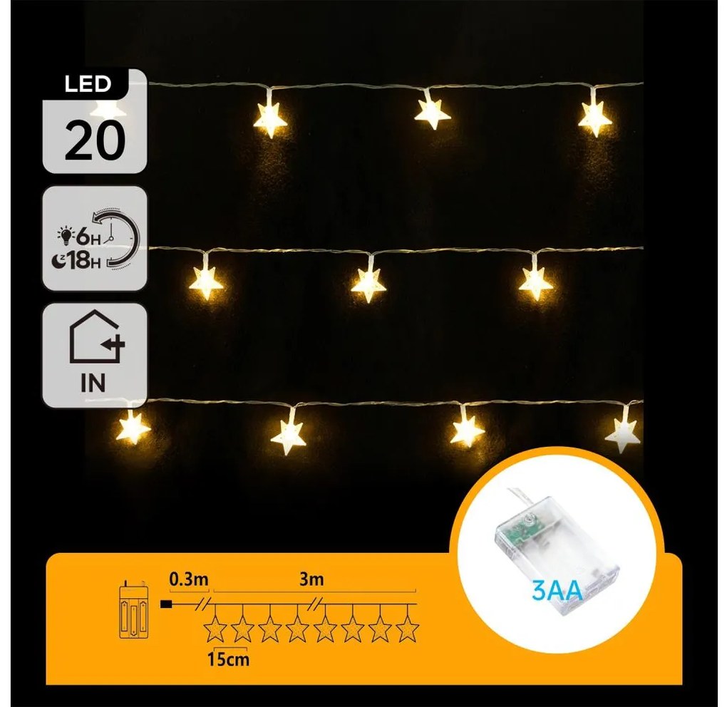 Aigostar - LED коледен гирлянд 20xLED/3xAA 3,3м звезди