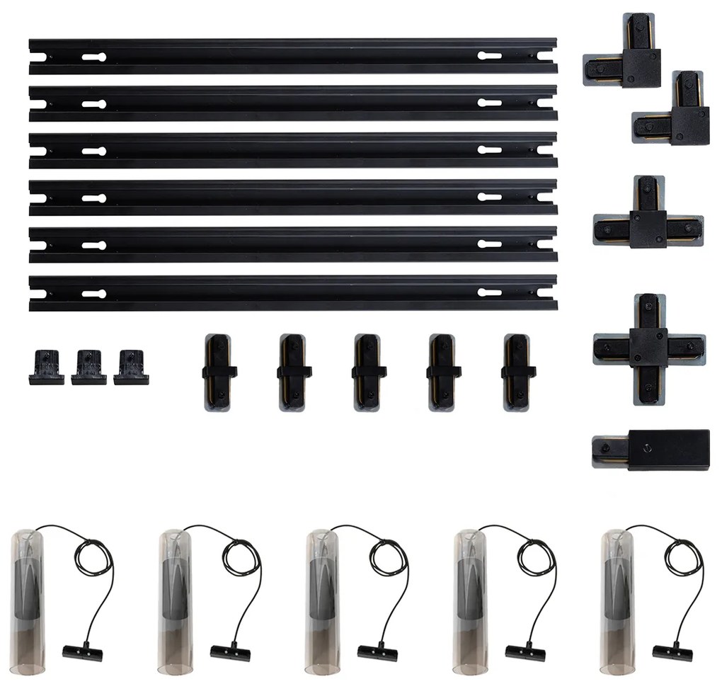 Модерна релсова система за осветление с 5 черни висящи лампи 1-фазов - Iconic Lloyd