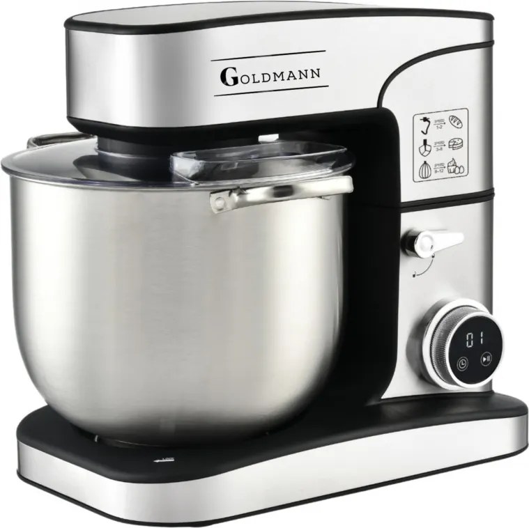 Планетарен миксер Goldmann GM-1115DP, 3500W, 16 л, 6 скорости + импулси, Таймер, Иноксова купа, LED, Инокс