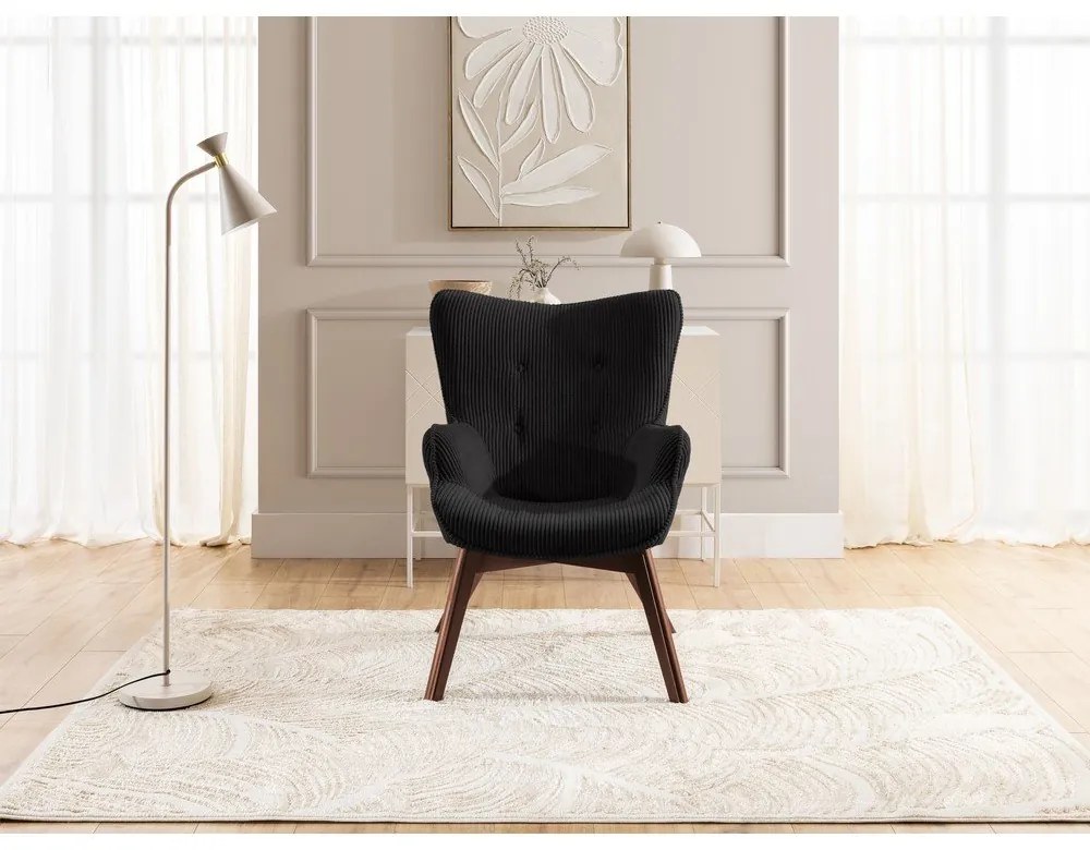 Черен фотьойл с табуретка от рипсено кадифе Niko – Ropez