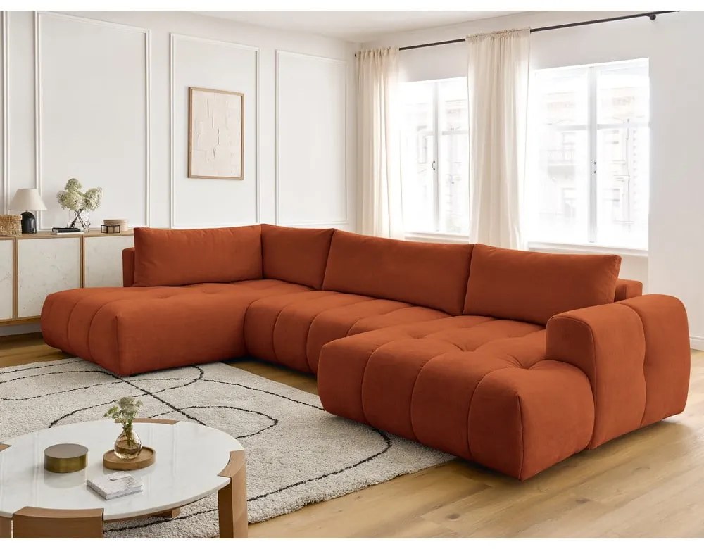 Сгъваем/с място за съхранение ъглов диван в тухлен цвят (ляв ъгъл/U форма) Fuji – Bobochic Paris