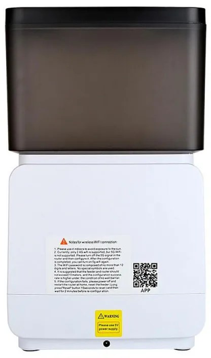 Автоматичен диспенсър за храна за кучета и котки MYNA, 5 л, WiFi приложение, Заключване на бутони, Суха храна, Бял/черен