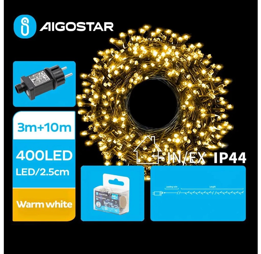 Aigostar - LED Екстериорни Коледни лампички 400xLED/8 функции 13m IP44 топло бял