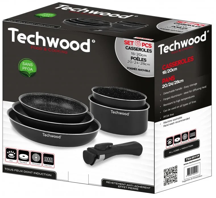 Разопакован: Комплект тенджери и тигани Techwood TSA-6611P, 6 ч, Сваляща се дръжка, Незалепващо покритие, Без PFOA, Индукция, Черен