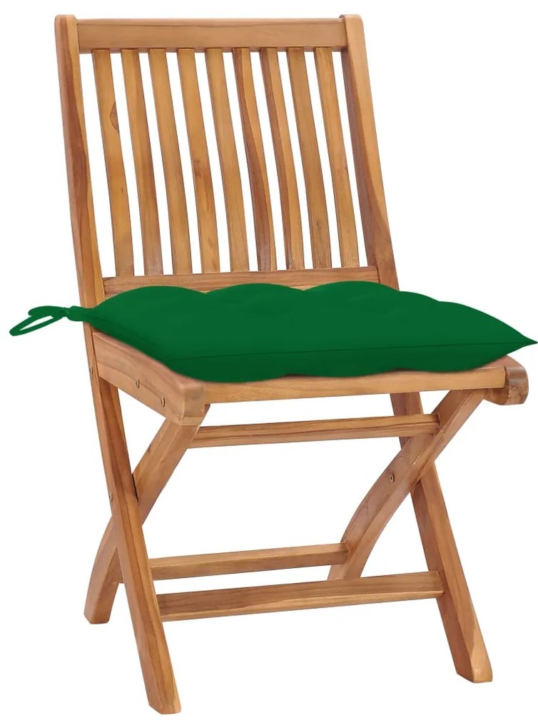 3062453 vidaXL Градински столове 2 бр зелени възглавници тиково дърво масив