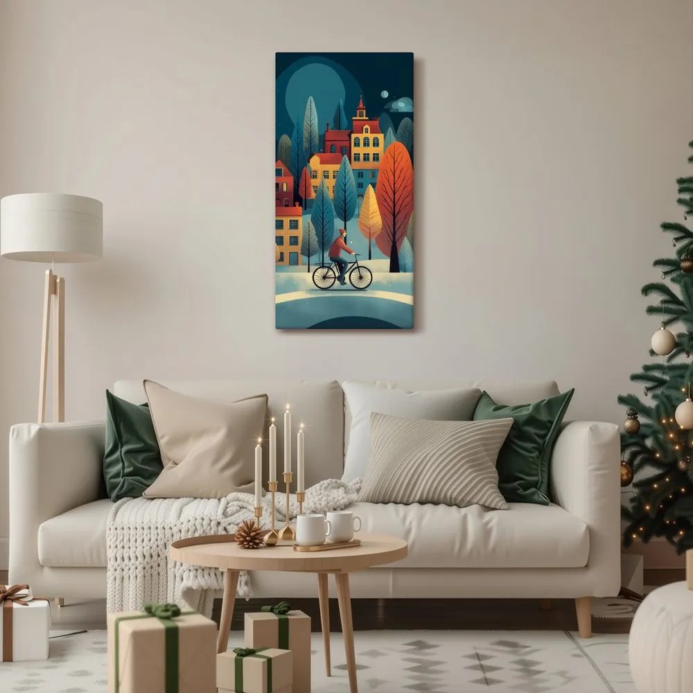 Картина на платно – Колоездач в зимния град