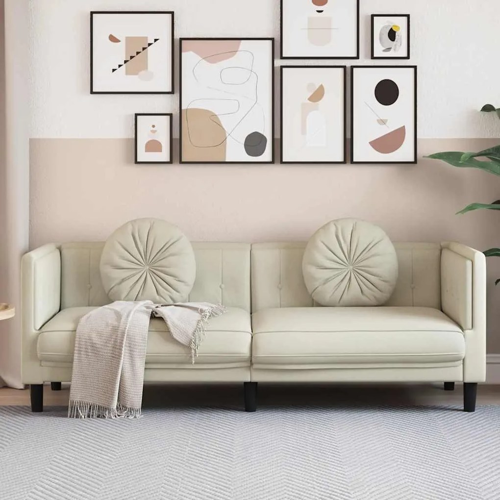 372649 vidaXL Диван с възглавници, 3-местен, кремав, кадифе