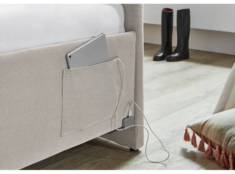 Бежово тапицирано ъглово детско легло 140x200 cm с място за съхранение с включена подматрачна рамка Cool – Meise Möbel