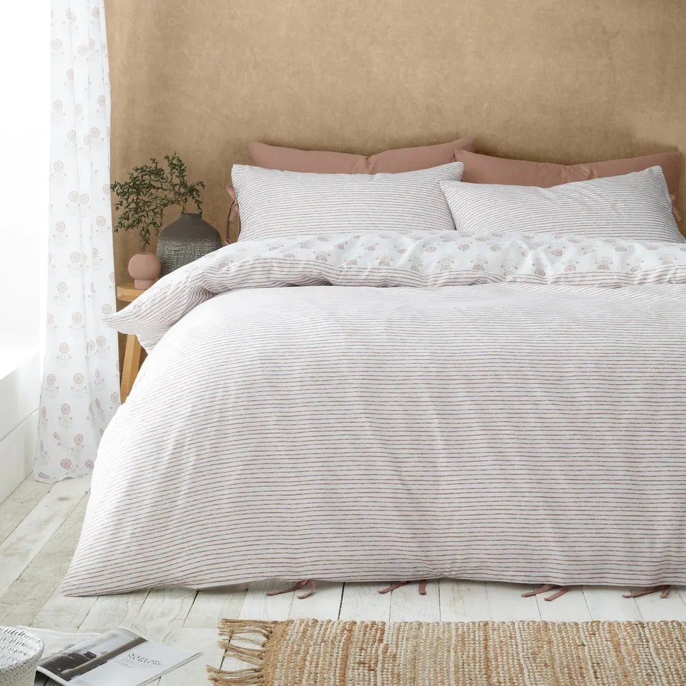 Бяло двойно удължено спално бельо 230x220 cm Woodblock Floral – Pineapple Elephant