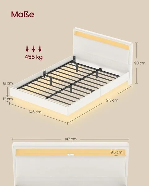 Рамка за легло VASAGLE с LED осветление и зарядна станция 140 x 200 см