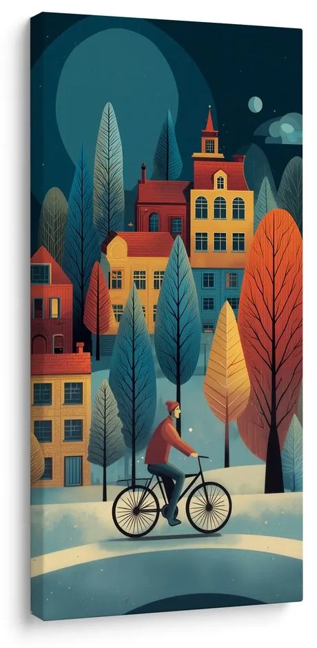 Картина на платно – Колоездач в зимния град