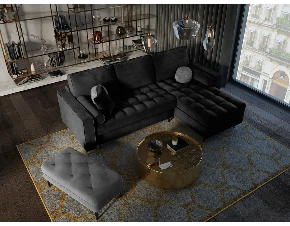 Черен кадифен ъглов разтегателен диван , десен ъгъл Santo - Milo Casa