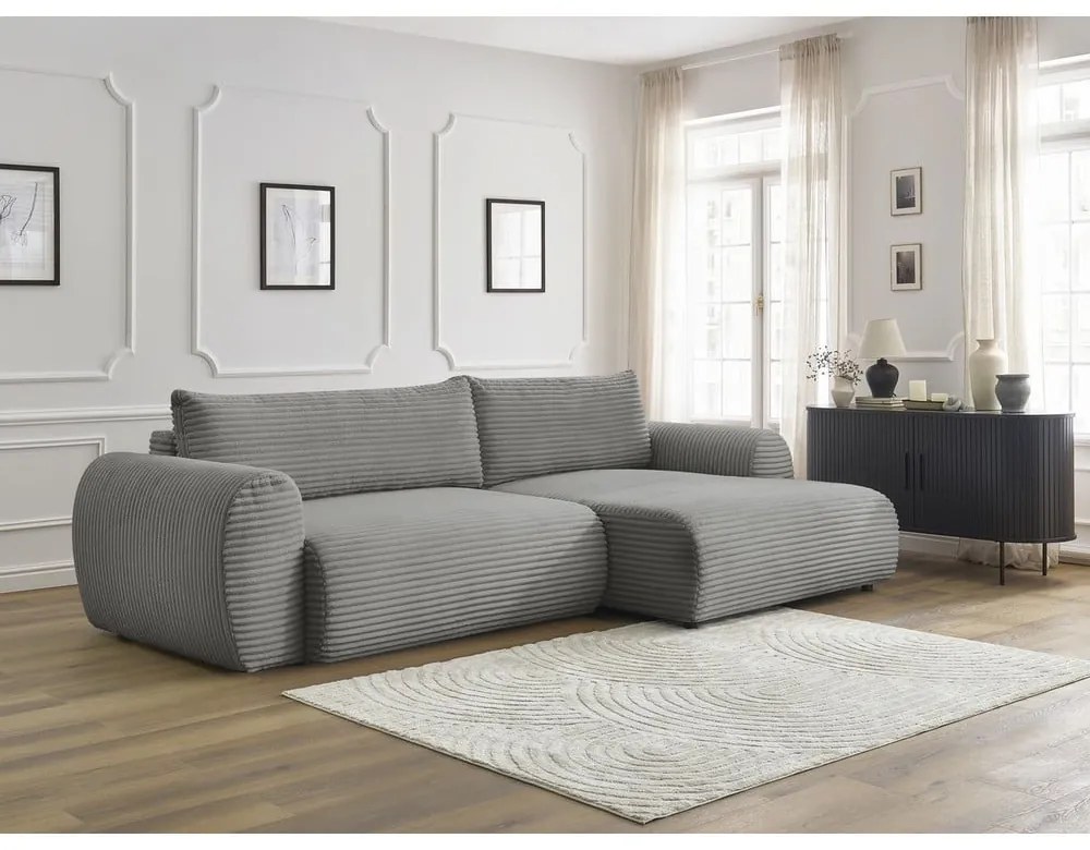 Тъмносив разтегателен ъглов диван от рипсено кадифе (десен ъгъл) Lucien – Bobochic Paris