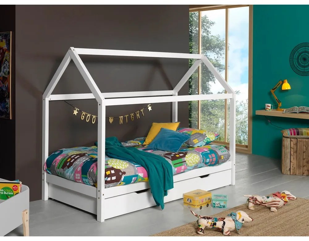 Бяло разтегателно детско легло къща от масивен бор с място за съхранение 90x200 cmDALLAS – Vipack