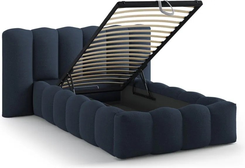 Синьо единично легло 90x200 cm тапицирано с място за съхранение с включена подматрачна рамка Lupine – Micadoni