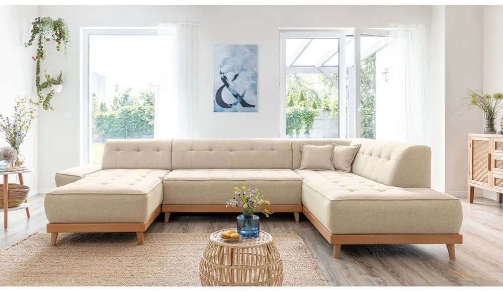 Бежов U-образен разтегателен диван, десен ъгъл Dazzling Daisy - Miuform